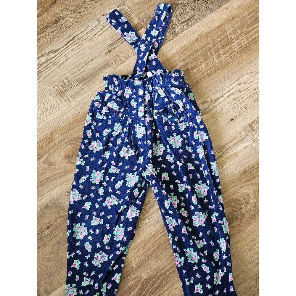 Popsicle Vintage Kids Corduroy‎ Floral Overalls Navy Blue Pink Green Size 4